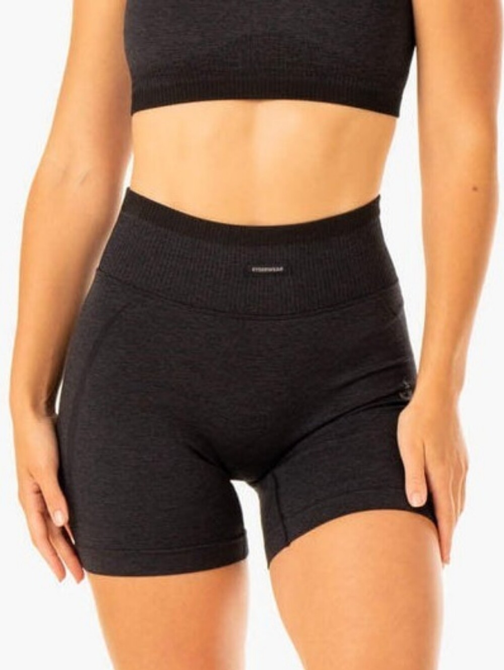 Ryderwear SET Evolve Seamless Sports Bra Crop Top Biker Shorts Black Marl Both L